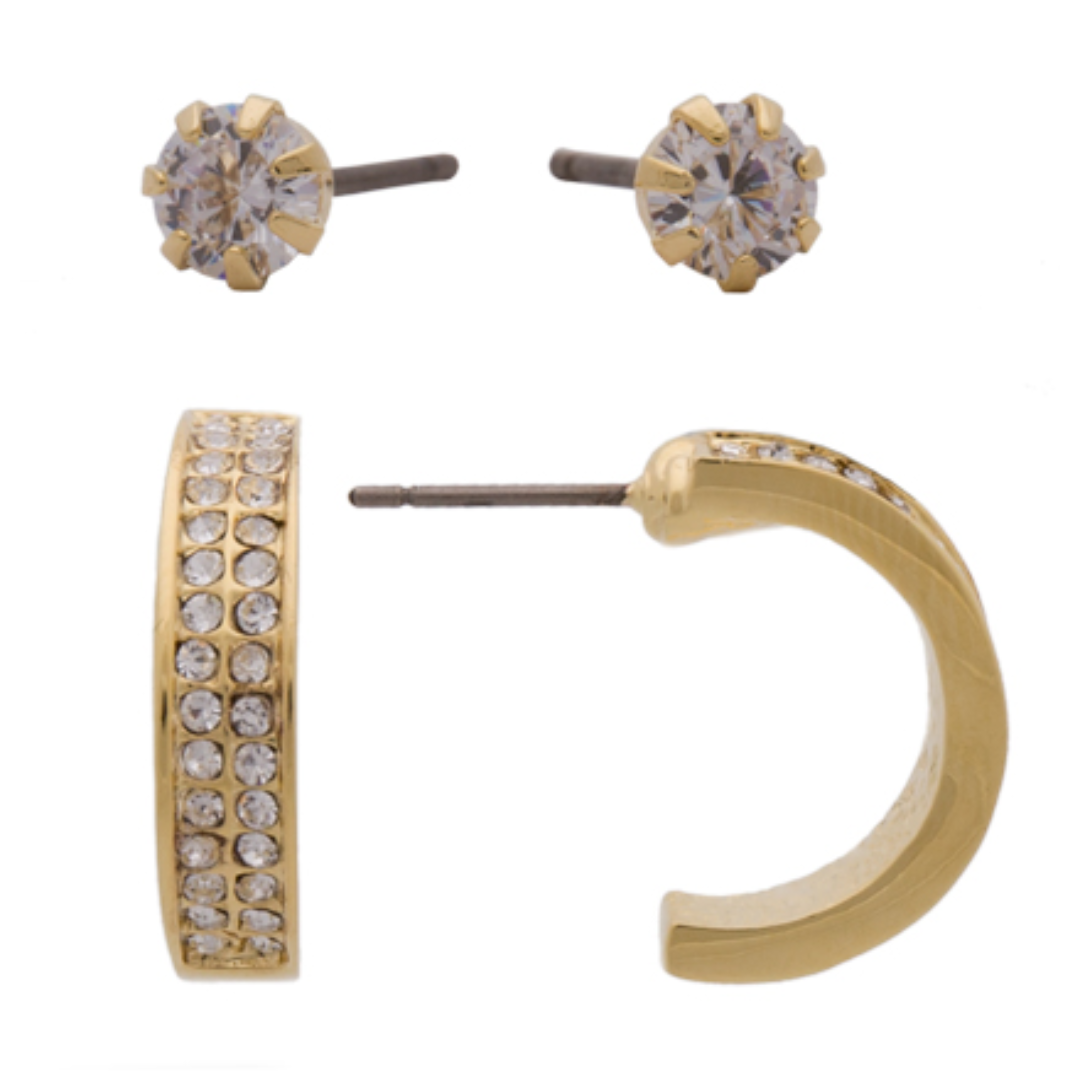 Gold CZ + Hoop Earrings Set