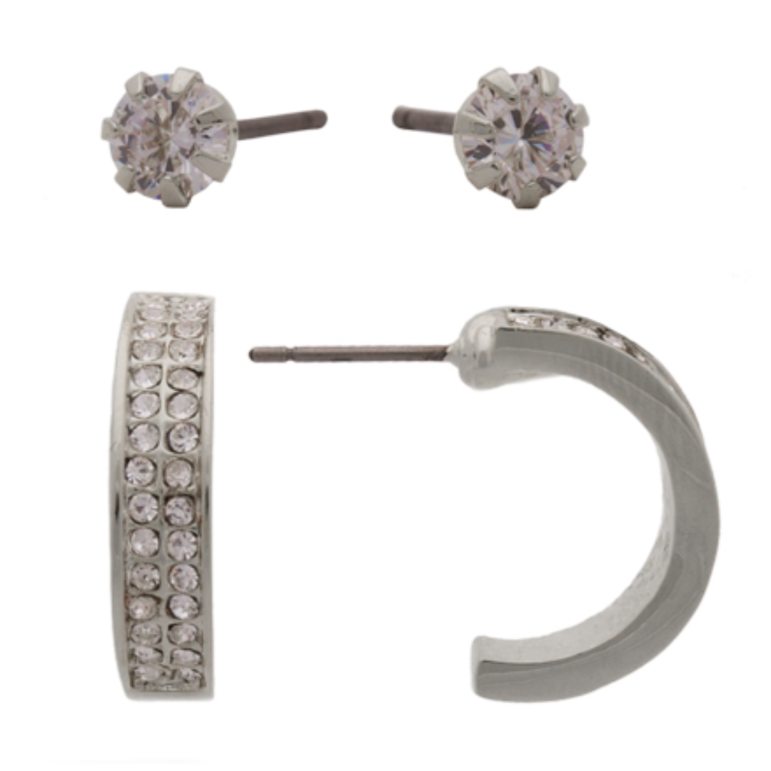 Rhodium CZ + Hoop Earrings Set