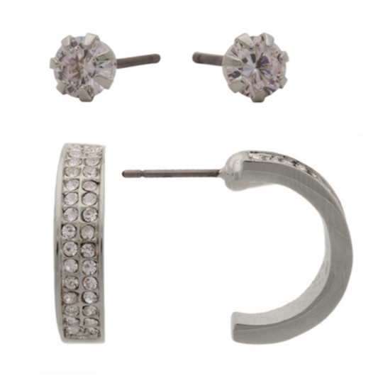 Rhodium CZ + Hoop Earrings Set